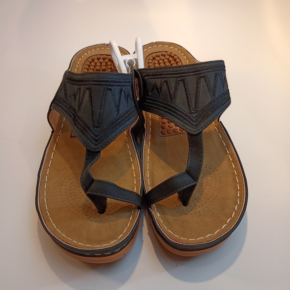 Womens Floral Embroidered Wedge Sandals Black Toe Loop Massage Footbed